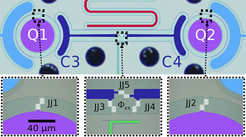 Optical microscope image of the actual fabricated circuit (top image) Close-up of the Josephson junction (JJ) area (bottom image)