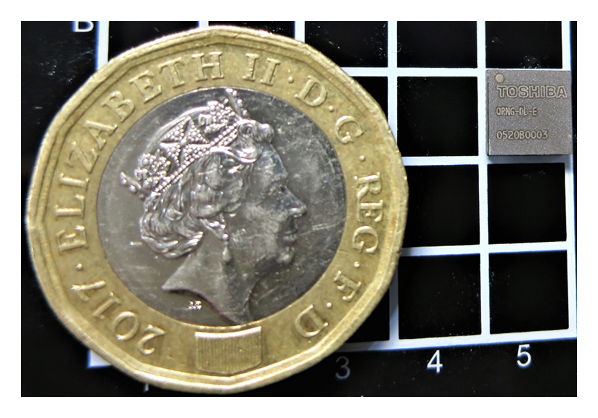 Figure 1: A 6 mm × 6 mm QFN package containing the optical entropy core (with a UK one-pound coin for size comparison)