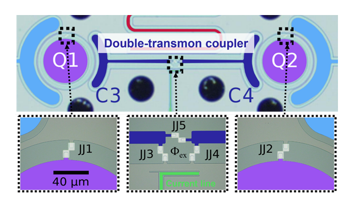 Figure 2: Optical microscope image of the actual fabricated circuit (top image) Close-up of the Josephson junction (JJ) area (bottom image) Note: The optical microscope image has been colorized for clarity.