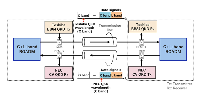 Figure 1 Experimental setup to demonstrate the coexistence of QKD links and a high-capacity optical transmission system